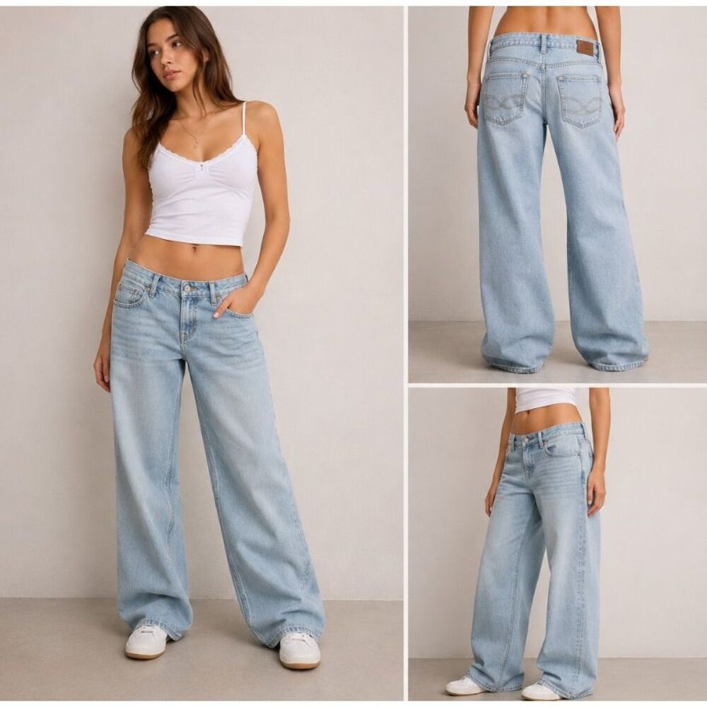Hollister Low Rise Baggy Jeans W26 Short Light Wash Y2K Wide Leg